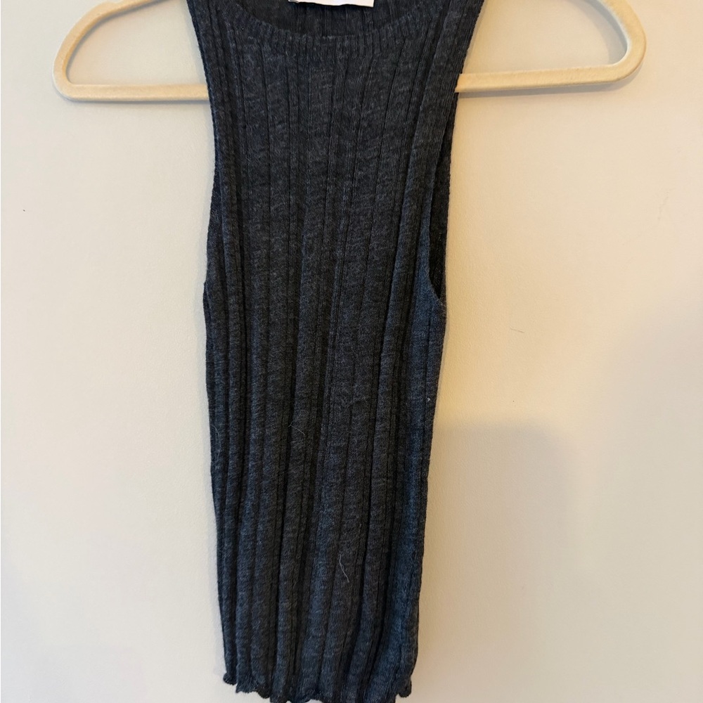 Mango Ribbed Knit Crewneck Top in Charcoal Gray